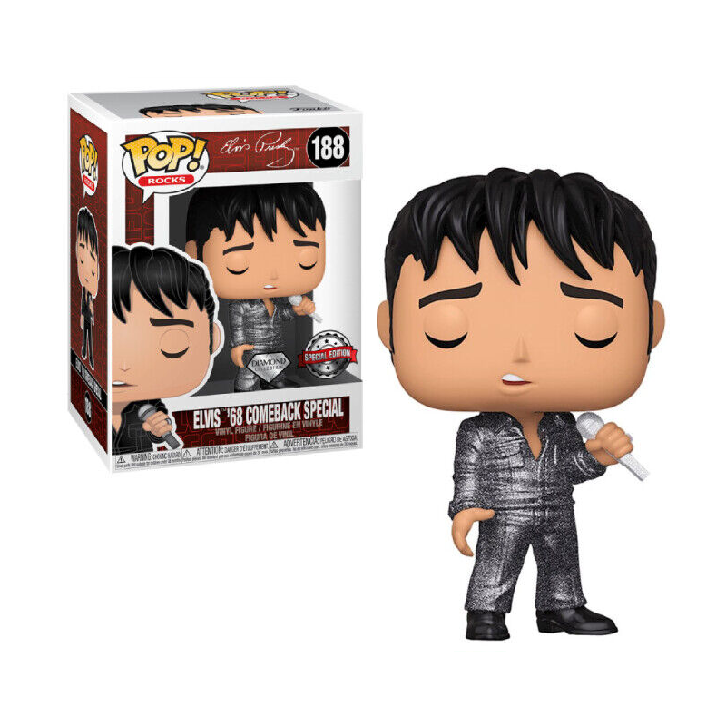 Funko Pop! Elvis Presley – ’68 Comeback Special (N°188) – Diamond Collection. Elvis dans sa tenue brillante avec micro, yeux fermés. Une figurine légendaire pour les fans du King et de rock’n’roll.

