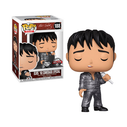 Funko Pop! Elvis Presley – ’68 Comeback Special (N°188) – Diamond Collection. Elvis dans sa tenue brillante avec micro, yeux fermés. Une figurine légendaire pour les fans du King et de rock’n’roll.

