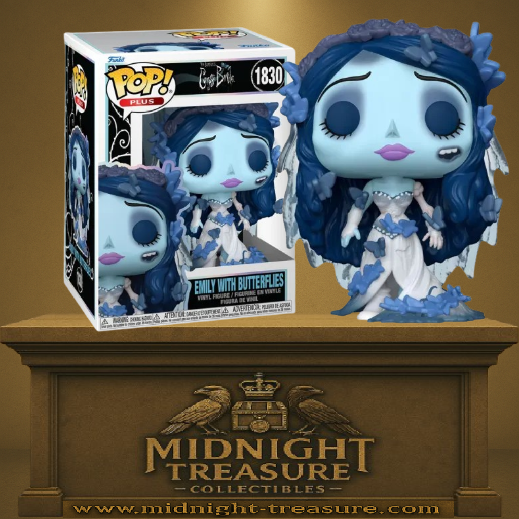 Funko Pop! Les Noces Funèbres – Emily with Butterflies (Emily avec Papillons) (N°1830). Figurine représentant Emily, la mariée défunte, entourée de papillons bleus. Une Pop! poétique et gothique inspirée du film culte de Tim Burton.