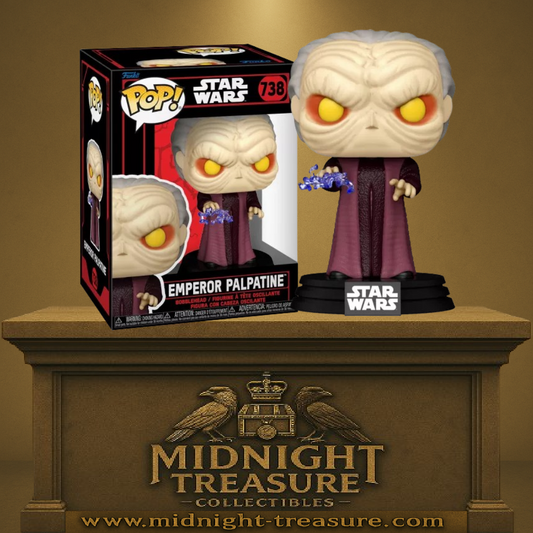 Funko Pop! Star Wars – Empereur Palpatine avec Éclair (n°738). Palpatine en tenue sombre, yeux jaunes et éclair Sith à la main. Une figurine effrayante et puissante pour les fans de l’Empire.