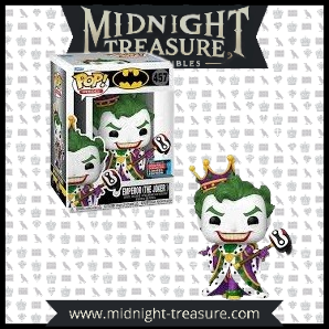 Figurine Funko Pop! Emperor (The Joker) (457) en édition limitée NYCC 2022, avec couronne dorée, manteau royal violet et sceptre orné de la tête d’Harley Quinn