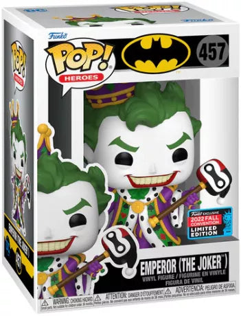 Figurine Funko Pop! Emperor (The Joker) (457) en édition limitée NYCC 2022, avec couronne dorée, manteau royal violet et sceptre orné de la tête d’Harley Quinn