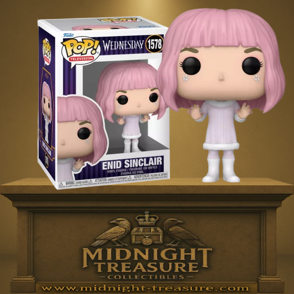 Funko Pop! Wednesday (Mercredi) – Enid Sinclair (N°1578). Figurine avec cheveux roses, robe lilas et bottes blanches, représentant la colocataire joyeuse et attachante de Wednesday Addams. Un must-have pour les fans de la série Netflix.