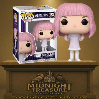 Funko Pop! Wednesday (Mercredi) – Enid Sinclair (N°1578). Figurine avec cheveux roses, robe lilas et bottes blanches, représentant la colocataire joyeuse et attachante de Wednesday Addams. Un must-have pour les fans de la série Netflix.