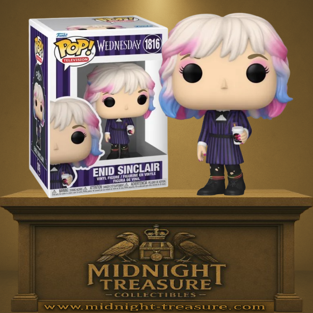 Funko Pop! Wednesday – Enid Sinclair (N°1816). Figurine représentant Enid avec ses cheveux multicolores et son uniforme violet de la Nevermore Academy. Une Pop! pleine de couleur et d’énergie pour les fans de la série Mercredi.