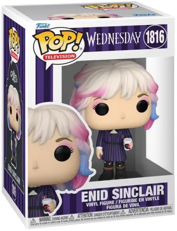 Funko Pop! Wednesday – Enid Sinclair (N°1816). Figurine représentant Enid avec ses cheveux multicolores et son uniforme violet de la Nevermore Academy. Une Pop! pleine de couleur et d’énergie pour les fans de la série Mercredi.