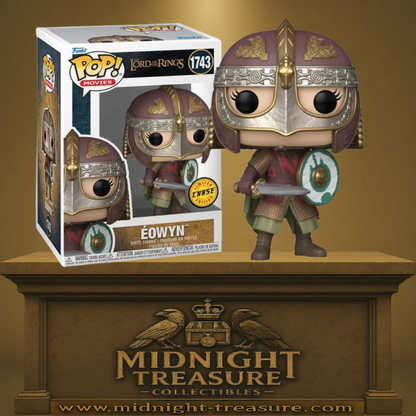 Funko Pop! The Lord of the Rings – Éowyn (N°1743 Chase). Figurine représentant Éowyn casquée avec son armure, son épée et son bouclier du Rohan. Une édition rare et héroïque pour les fans du Seigneur des Anneaux.