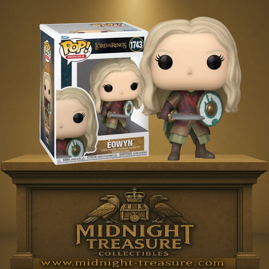 Funko Pop! Le Seigneur des Anneaux – Éowyn (N°1743). Guerrière du Rohan avec armure, épée et bouclier vert. Une figurine puissante et inspirante pour les fans de la saga.