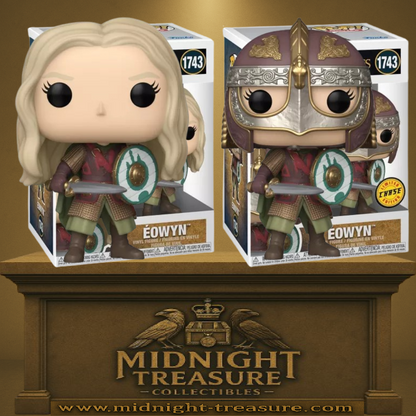 Funko Pop! The Lord of the Rings – Éowyn (N°1743 Lot Regular + Chase). Ensemble exclusif des deux versions : Éowyn sans casque et Éowyn casquée édition Chase. Figurines détaillées du Rohan inspirées du Seigneur des Anneaux.