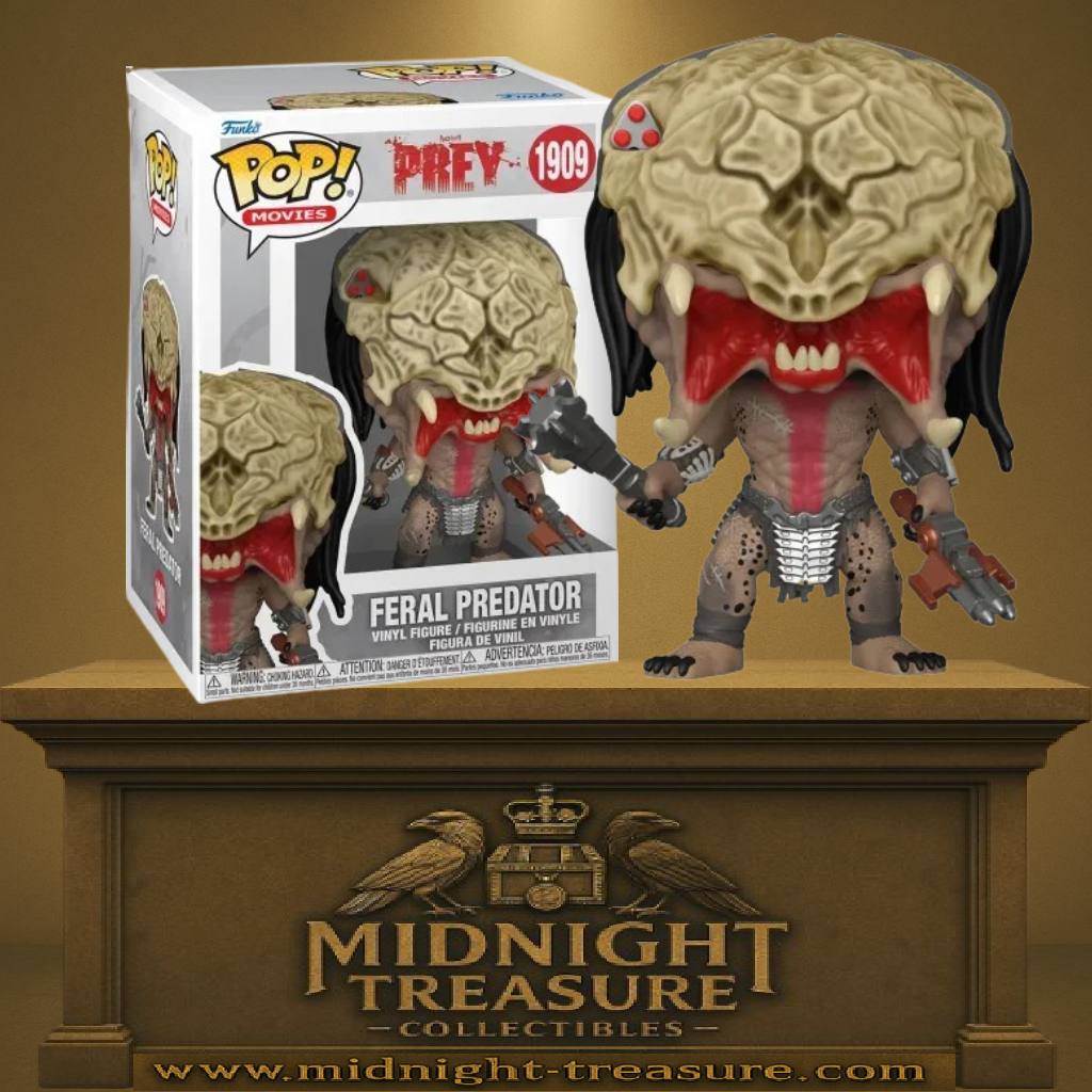 Funko Pop! Prey – Feral Predator (N°1909). Figurine représentant le Predator avec son masque osseux, ses armes tribales et sa posture de chasseur. Une pièce intense pour les fans de la saga Predator.