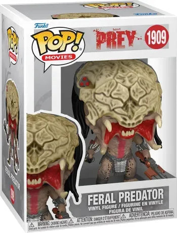 Funko Pop! Prey – Feral Predator (N°1909). Figurine représentant le Predator avec son masque osseux, ses armes tribales et sa posture de chasseur. Une pièce intense pour les fans de la saga Predator.