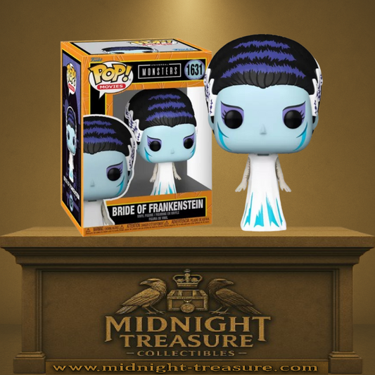 Funko Pop! Universal Monsters – La Fiancée de Frankenstein – N°1631. Figurine glacée en robe blanche avec reflets bleus, coiffure iconique et regard spectral. Une Pop! fidèle au film de 1935, idéale pour les fans de monstres classiques.