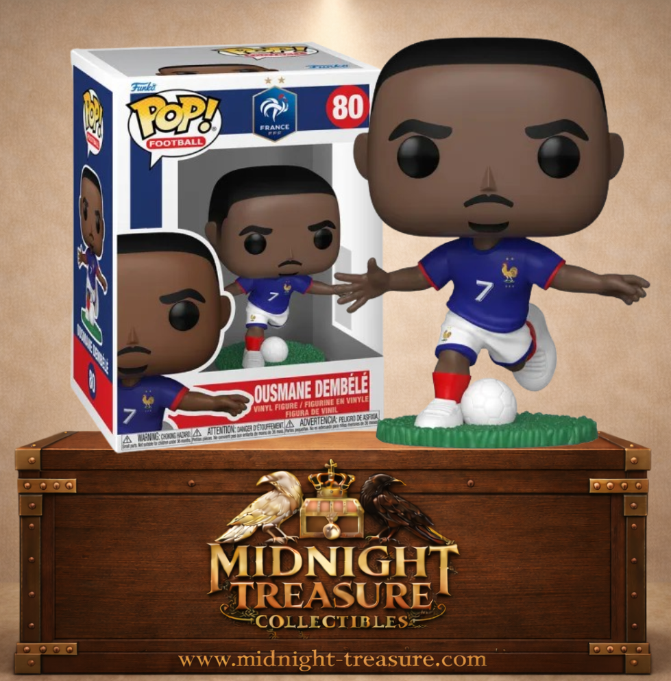 Funko Pop! Football N°80 – Ousmane Dembélé avec le maillot bleu N°7 de l’Équipe de France, ballon au pied sur une base pelouse.