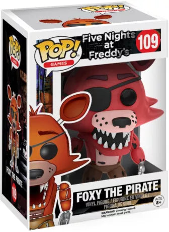Funko Pop! Five Nights at Freddy’s – Foxy the Pirate (N°109). Figurine rouge avec bandeau noir, crochet de pirate et parties robotiques visibles. Une pièce culte et terrifiante pour les fans de FNaF.