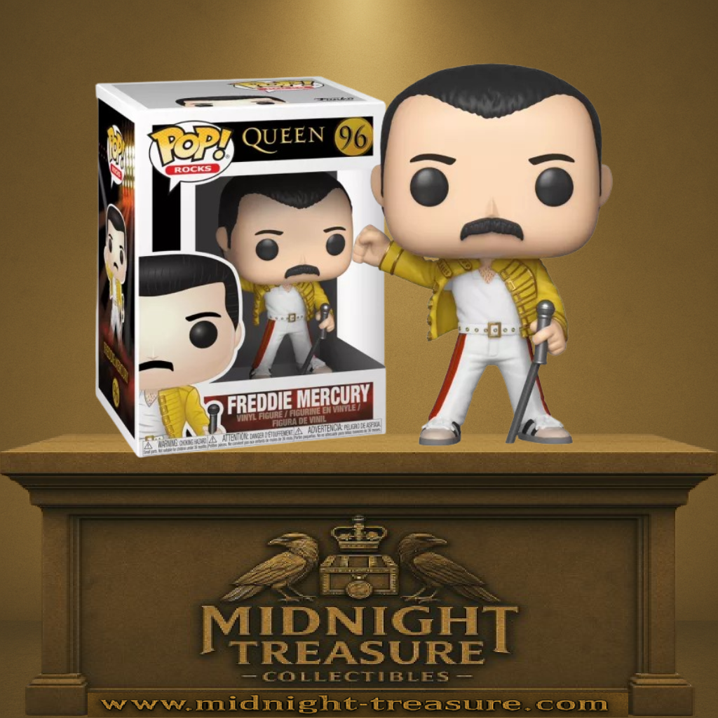 Funko Pop! Rocks Freddie Mercury Wembley 1986 – Queen. Figurine représentant Freddie Mercury en tenue jaune iconique lors du concert légendaire de Wembley pendant le Magic Tour.