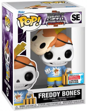 Figurine Funko Pop! Freddy Bones (SE) – Heavy Metal Halloween 2023, représentant Freddy déguisé en squelette avec un masque de Freddy Funko, en édition limitée Fall Convention Exclusive