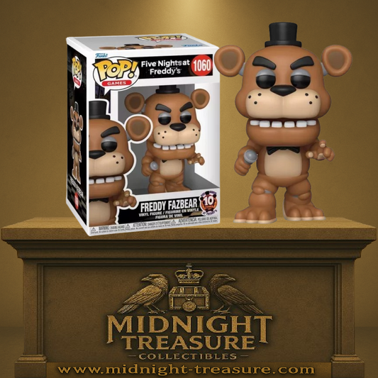 Funko Pop! Five Nights at Freddy's â Freddy Fazbear (1060). Figurine animatronique avec micro, chapeau et regard vide emblĂ©matique. Version 10e anniversaire incontournable pour les fans du jeu
