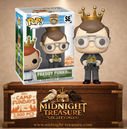 Funko Pop! Freddy Funko en Dwight Schrute The Office Camp Fundays 2023, avec couronne dorée et agrafeuse dans la gelée, édition limitée 3000 exemplaires.