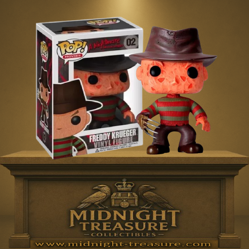 Funko Pop! A Nightmare on Elm Street – Freddy Krueger (N°02). Figurine du tueur avec chapeau, pull rayé et gant à griffes, fidèle au film culte d’horreur.