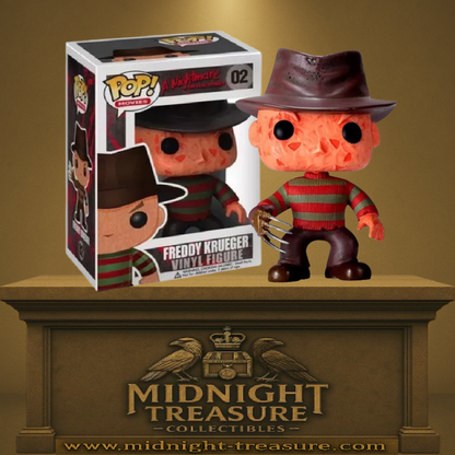 Funko Pop! A Nightmare on Elm Street – Freddy Krueger (N°02). Figurine du tueur avec chapeau, pull rayé et gant à griffes, fidèle au film culte d’horreur.