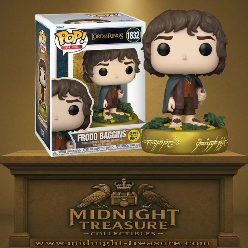 Funko Pop! Le Seigneur des Anneaux – Frodon Sacquet (N°1832, Glow in the Dark). Figurine exclusive avec socle doré orné des inscriptions de l’Anneau Unique. Effet phosphorescent idéal pour les fans de Tolkien.