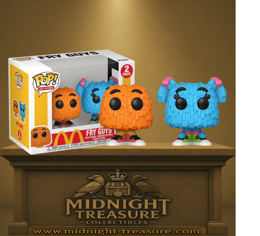 Funko Pop! Ad Icons – Fry Guys (2-Pack) – McDonald’s. Duo emblématique composé du Fry Guy orange et de la Fry Girl bleue avec leurs sneakers colorées. Une pièce nostalgique et fun pour les fans de McDonald’s et de pop culture.