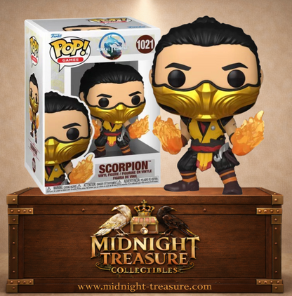 Funko Pop! Games N°1021 – Scorpion avec ses flammes infernales, inspiré de Mortal Kombat.