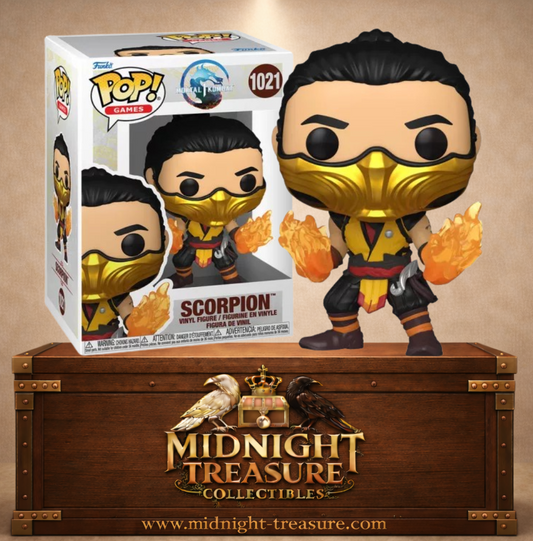 Funko Pop! Games N°1021 – Scorpion avec ses flammes infernales, inspiré de Mortal Kombat.