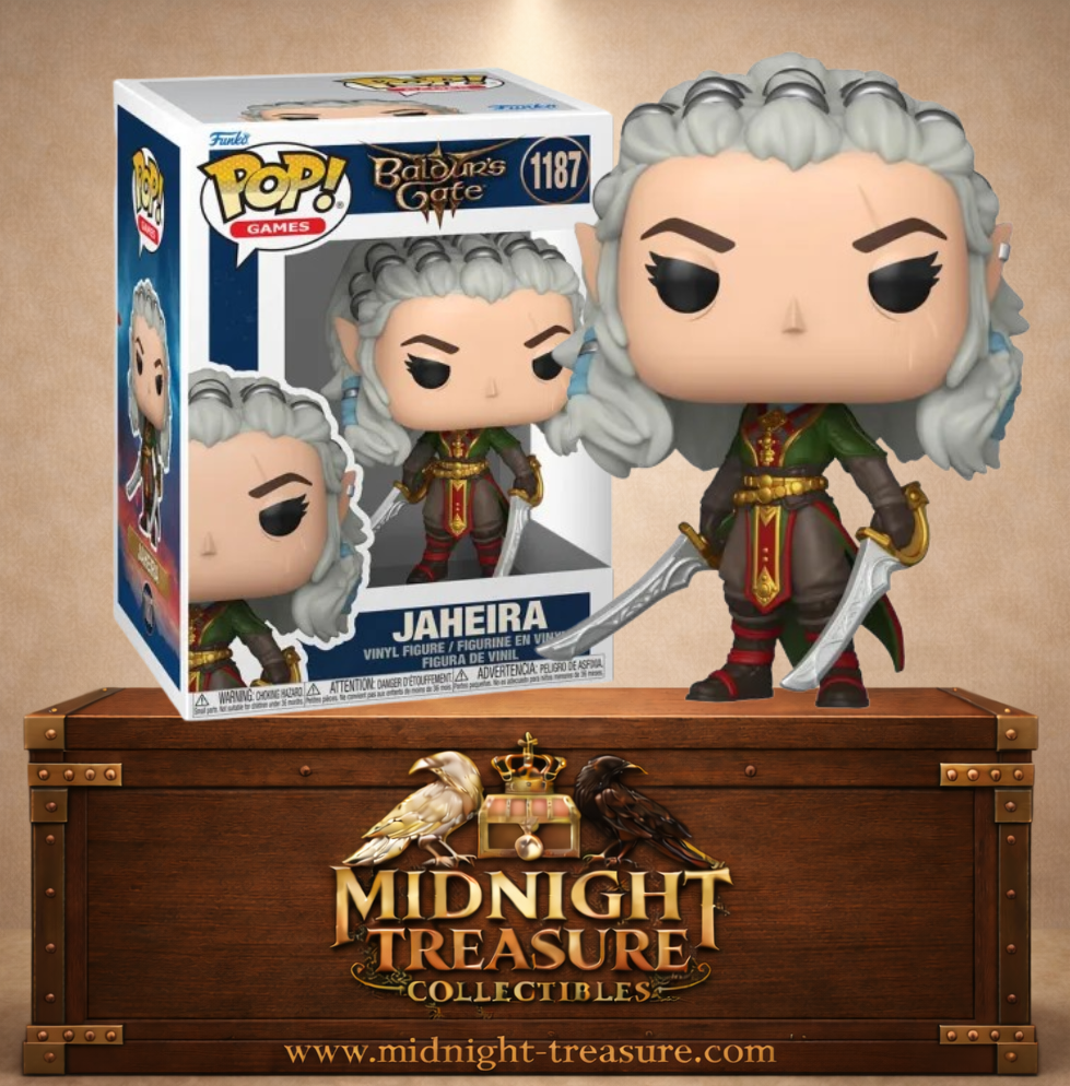 Funko Pop! Games N°1187 – Jaheira de Baldur’s Gate 3 avec ses cheveux argentés, sa tenue de druide et ses deux cimeterres.