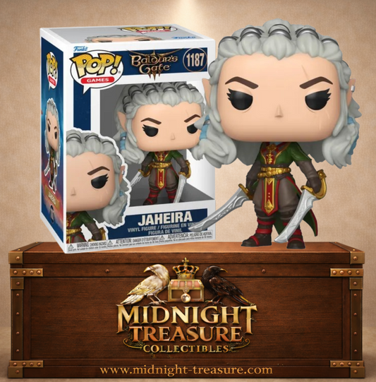 Funko Pop! Games N°1187 – Jaheira de Baldur’s Gate 3 avec ses cheveux argentés, sa tenue de druide et ses deux cimeterres.