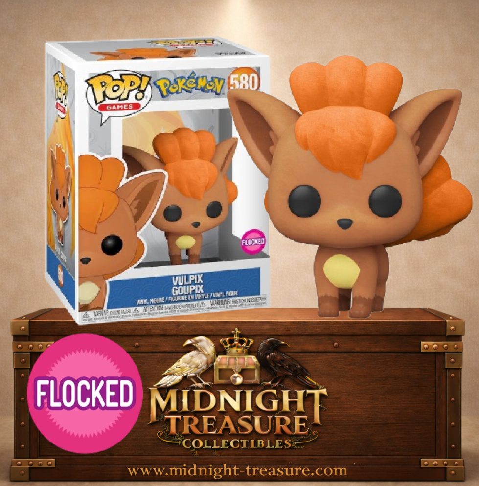 Funko Pop! Games N°580 – Vulpix (Goupix) de Pokémon en version Flocked, avec pelage brun et queues orangées caractéristiques.