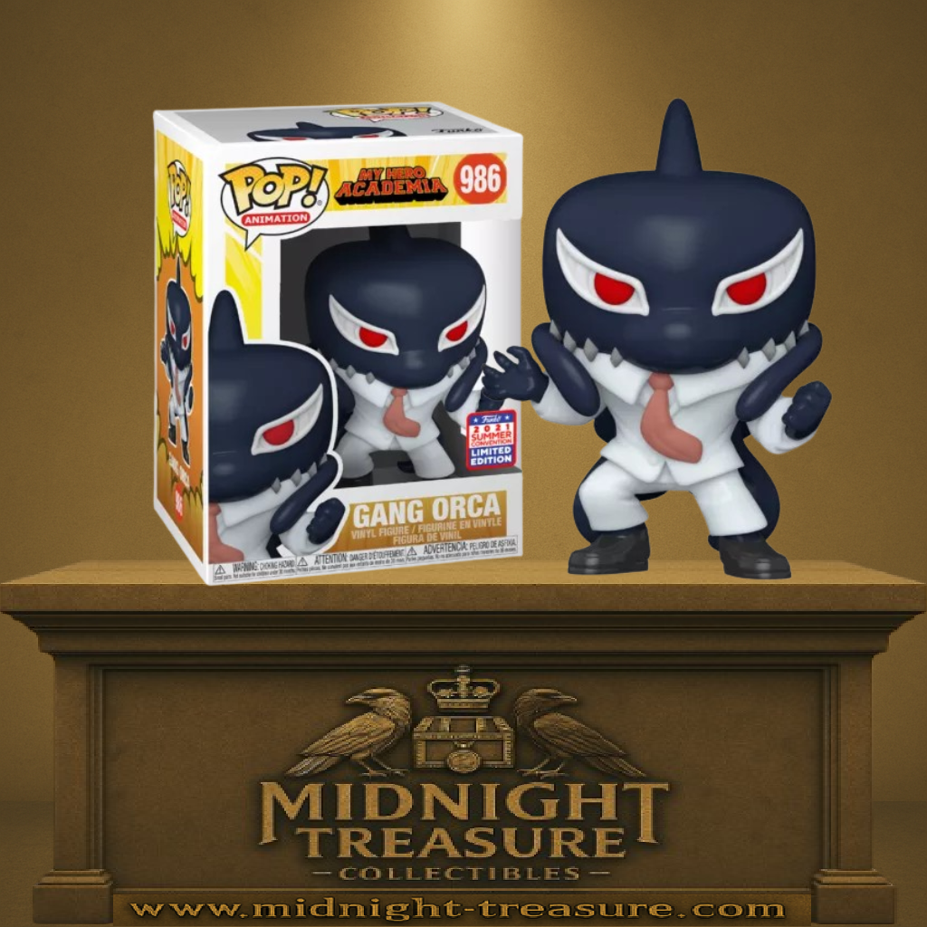 Funko Pop! My Hero Academia – Gang Orca (N°986). Figurine exclusive Summer Limited Edition représentant le pro-héros mi-humain mi-orque, vêtu d’un costume blanc et cravate rouge. Une pièce puissante et rare pour les fans d’anime.