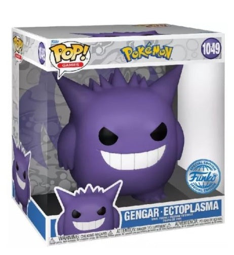 Funko Pop! Pokémon – Gengar / Ectoplasma (N°1049) – Édition EMEA Exclusive – 25 cm (Jumbo). Figurine géante violette avec large sourire et design fidèle au Pokémon original.