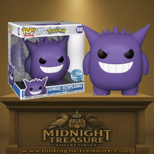 Funko Pop! PokĂ©mon â Gengar / Ectoplasma (N°1049) â Ădition EMEA Exclusive â 25 cm (Jumbo). Figurine gĂ©ante violette avec large sourire et design fidĂšle au PokĂ©mon original.