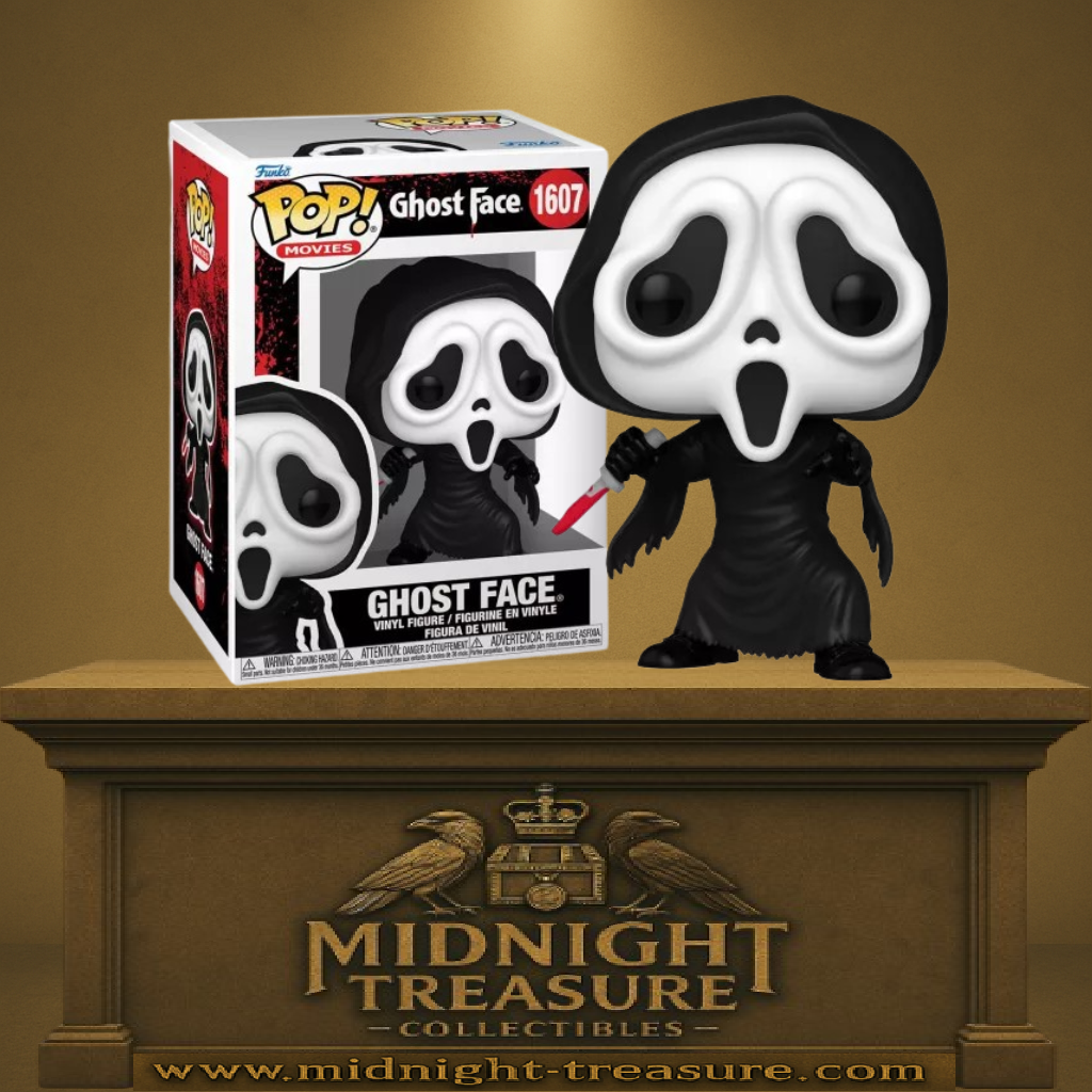 Funko Pop! Scream – Ghost Face (N°1607). Figurine du tueur masqué en cape noire tenant un couteau ensanglanté, design fidèle au film culte d’horreur.