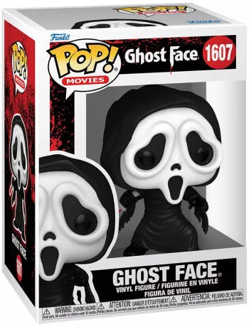Funko Pop! Scream – Ghost Face (N°1607). Figurine du tueur masqué en cape noire tenant un couteau ensanglanté, design fidèle au film culte d’horreur.
