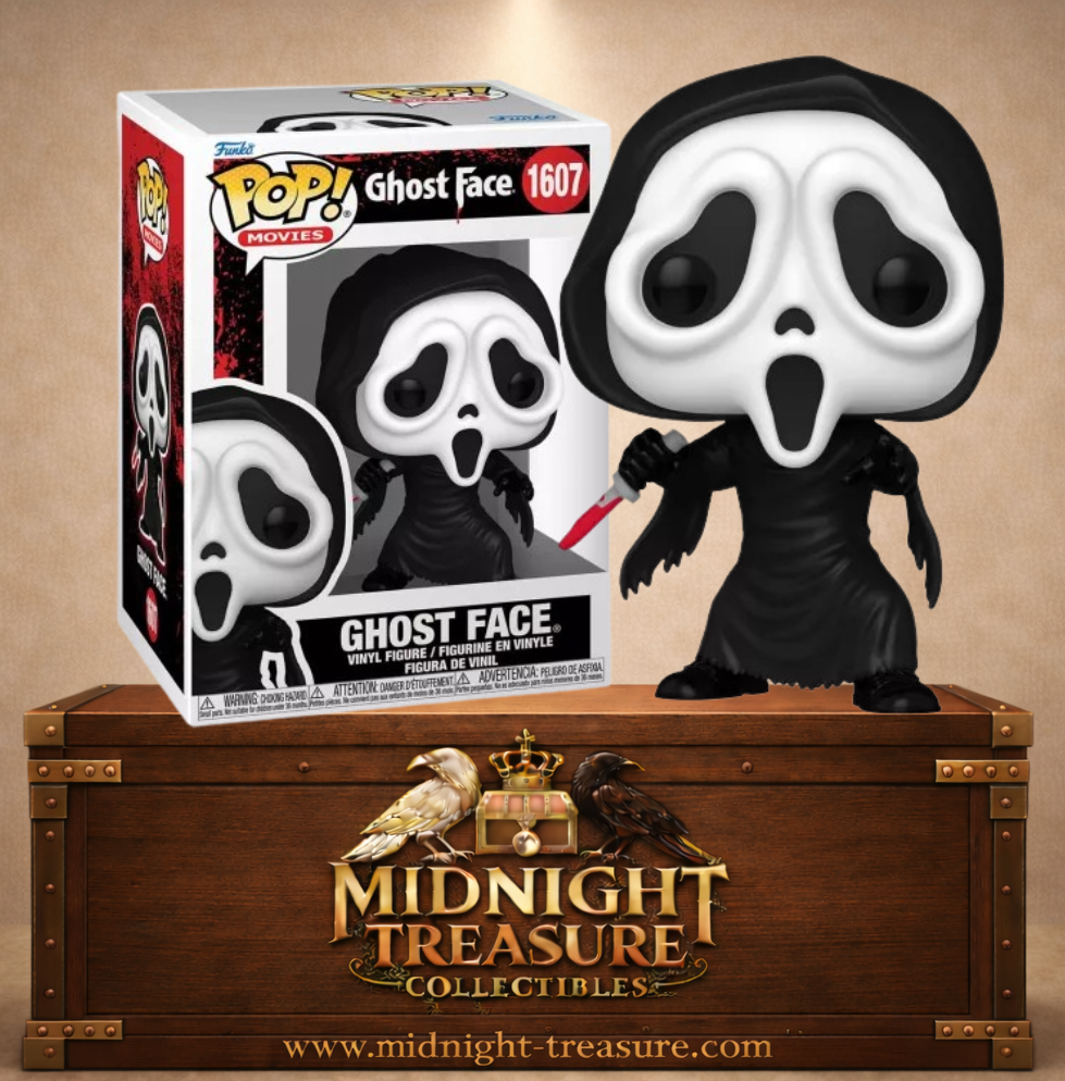 Funko Pop! Scream – Ghost Face (N°1607). Figurine du tueur masqué en cape noire tenant un couteau ensanglanté, design fidèle au film culte d’horreur.