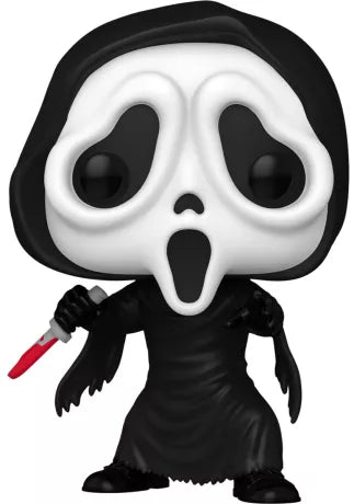 Funko Pop! Scream – Ghost Face (N°1607). Figurine du tueur masqué en cape noire tenant un couteau ensanglanté, design fidèle au film culte d’horreur.