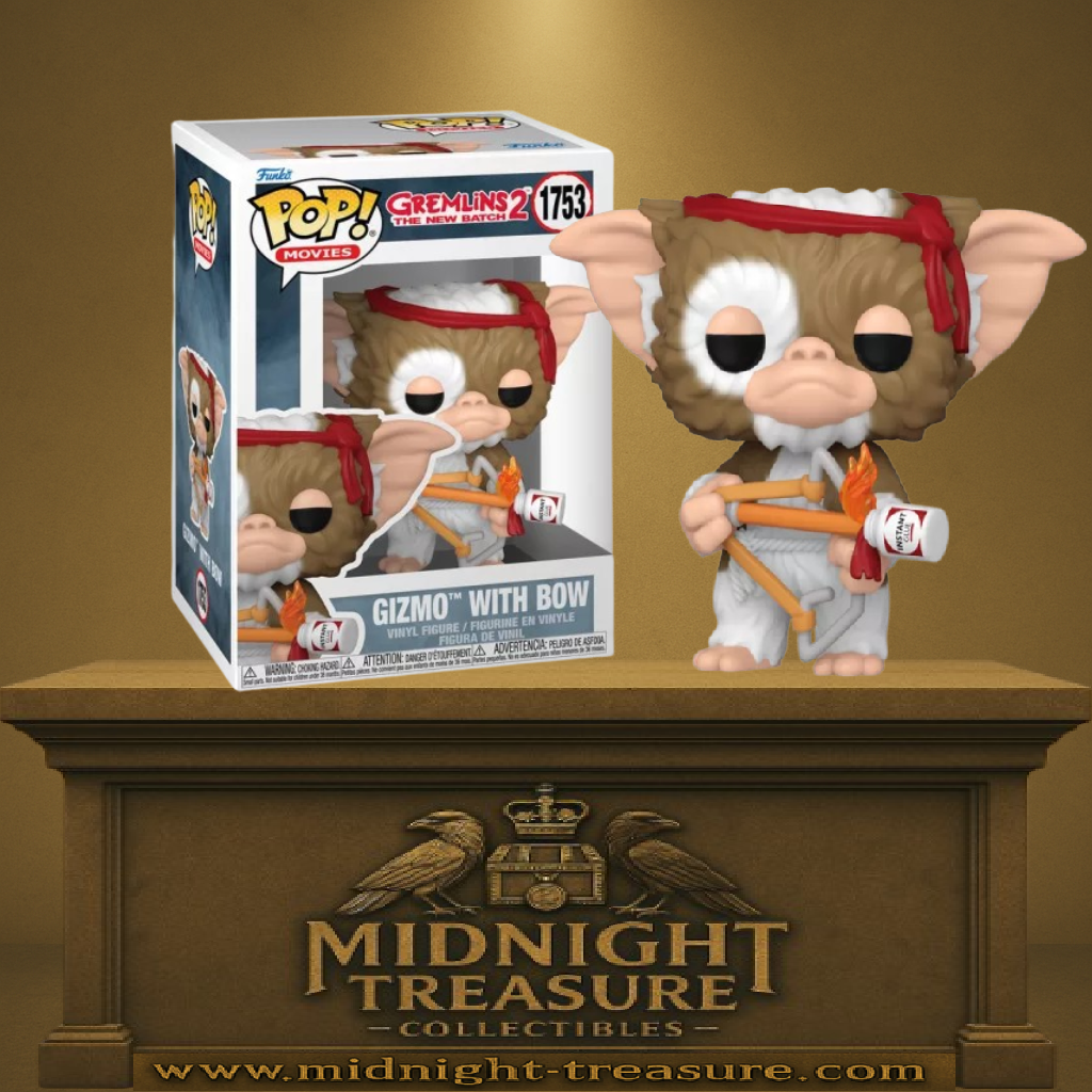 Funko Pop! Gremlins 2 – Gizmo with Bow (N°1753). Gizmo avec bandeau rouge et arc artisanal, flèche enflammée. Figurine détaillée et héroïque pour les fans des Gremlins.