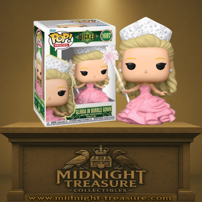 Funko Pop! Wicked – Glinda en robe à bulles (N°1697). Figurine avec robe rose, couronne et baguette magique.