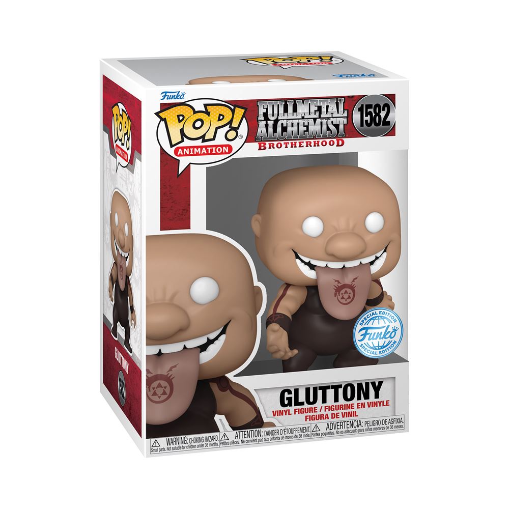 Funko Pop! Fullmetal Alchemist Brotherhood 1582 - Gluttony. Figurine représentant le redoutable Homonculus avec son tatouage Ouroboros sur la langue. Un must-have pour les collectionneurs et fans de Fullmetal Alchemist