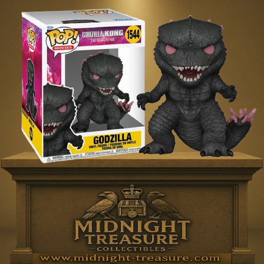 Funko Pop! Godzilla x Kong: Le Nouvel Empire – Godzilla (N°1544). Godzilla noir avec yeux et épines roses, rugissant avec puissance. Une figurine spectaculaire pour les fans de kaijus