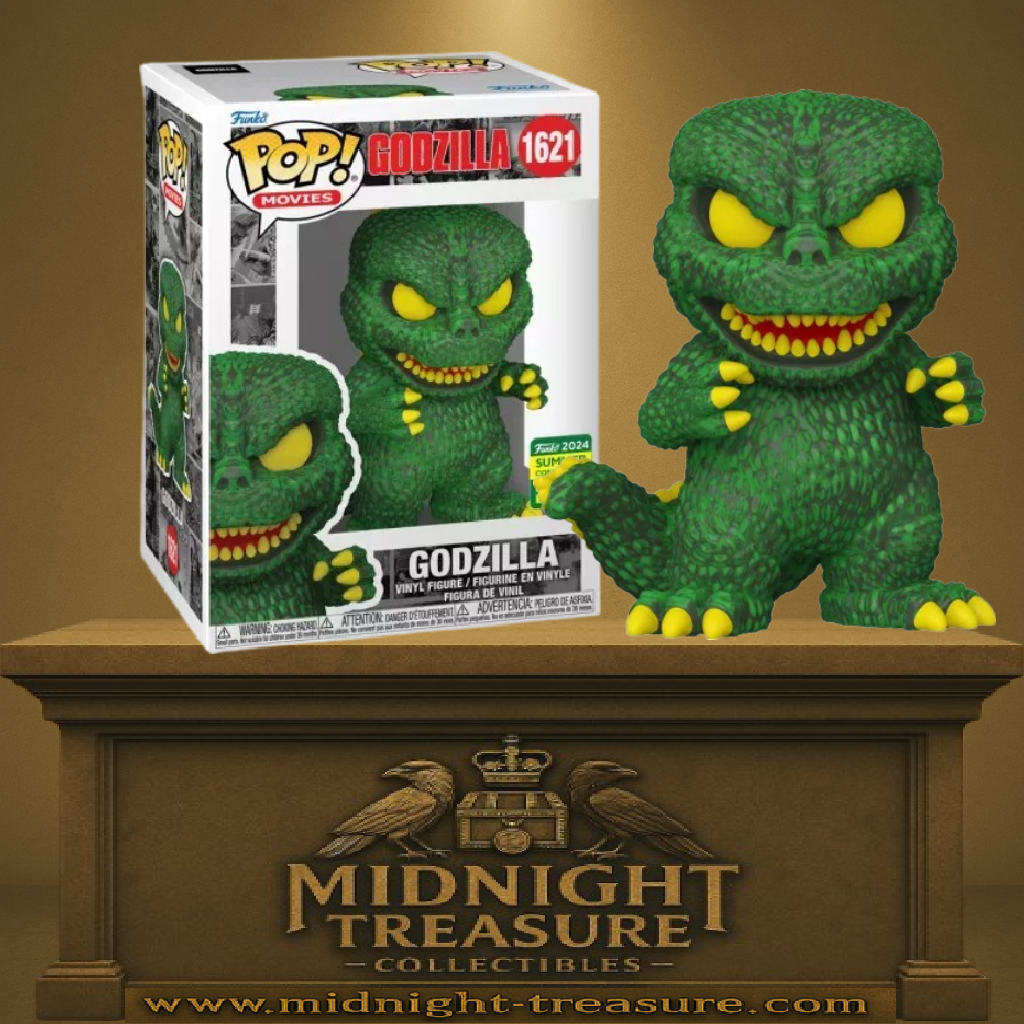 Funko Pop! Godzilla (N°1621) – SDCC 2024 Limited Edition. Godzilla en version verte rétro avec des yeux jaunes menaçants. Une pièce de collection exclusive pour les fans du roi des monstres.