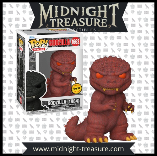 Funko Pop! Godzilla (1984) Chase Edition (1663), figurine exclusive avec une texture rouge ardente et des yeux flamboyants, représentant la puissance destructrice du monstre légendaire.