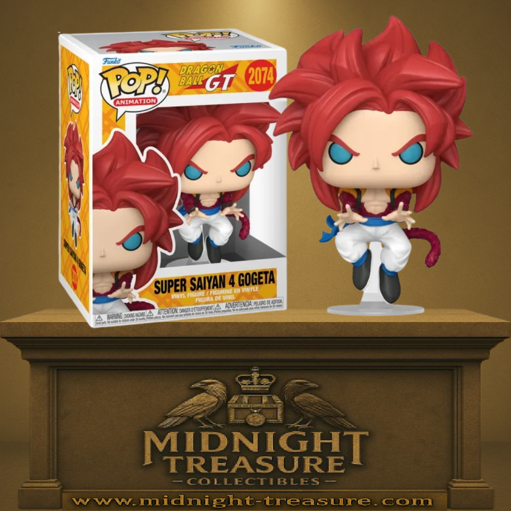 Funko Pop! Dragon Ball GT – Gogeta Super Saiyan 4 (N°2074). Figurine représentant Gogeta en pleine lévitation avec sa chevelure rouge et son aura de puissance. Une pièce incontournable pour les fans de Dragon Ball.