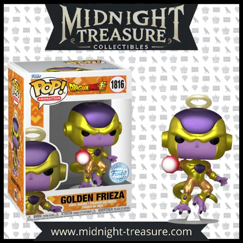 "Funko Pop! Dragon Ball Super – Golden Frieza (1816). Le puissant antagoniste dans sa forme dorée, avec une aura de halo et une posture de combat dynamique. Une figurine exclusive pour les fans de Dragon Ball Super !"

