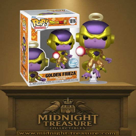 "Funko Pop! Dragon Ball Super â Golden Frieza (1816). Le puissant antagoniste dans sa forme dorĂ©e, avec une aura de halo et une posture de combat dynamique. Une figurine exclusive pour les fans de Dragon Ball Super !"