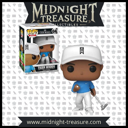 "Funko Pop! Golf – Tiger Woods (04). Figurine représentant Tiger Woods en tenue de golf professionnelle avec son emblématique casquette blanche et son putter. Un must-have pour les fans de golf et les collectionneurs de Funko Pop! Sports !"

