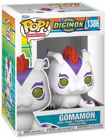 Funko Pop! Digimon 1386 - Gomamon. Figurine du Digimon marin de Joe Kido, avec sa crête rouge et ses motifs violets. Une pièce incontournable pour les collectionneurs et fans de Digimon