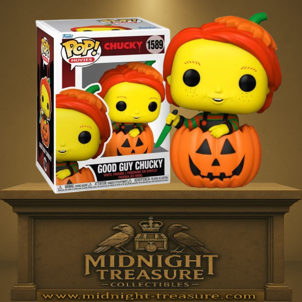 Funko Pop! Chucky – Good Guy Chucky (Vintage Halloween) N°1589. Figurine exclusive avec visage jaune vintage, citrouille sculptée et couteau iconique. Une pièce de collection incontournable pour les fans d’horreur et d’Halloween.